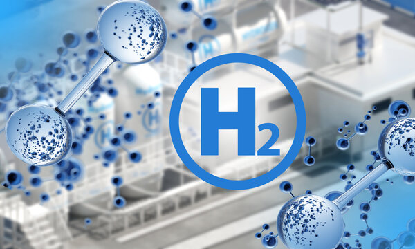 Hydrogen molecules. H2 logo. Hydrogen energy. Industrial building with gas storage tanks. Hydrogen cells fly in air. Innovations in energy industry. Symbol h2. Energy factory blurred. 3d image