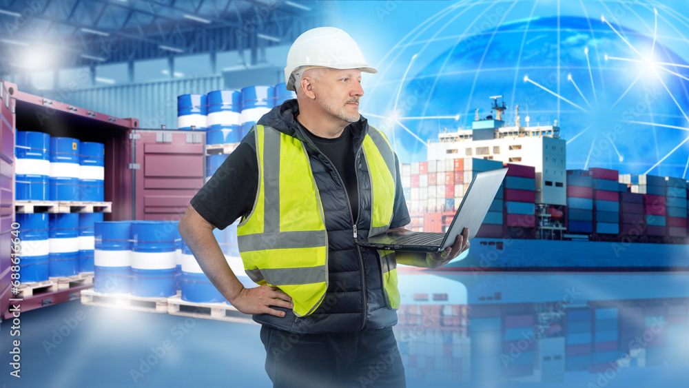 Poster man logistician with laptop. guy is transportation specialist. man is logistician near ship and cont