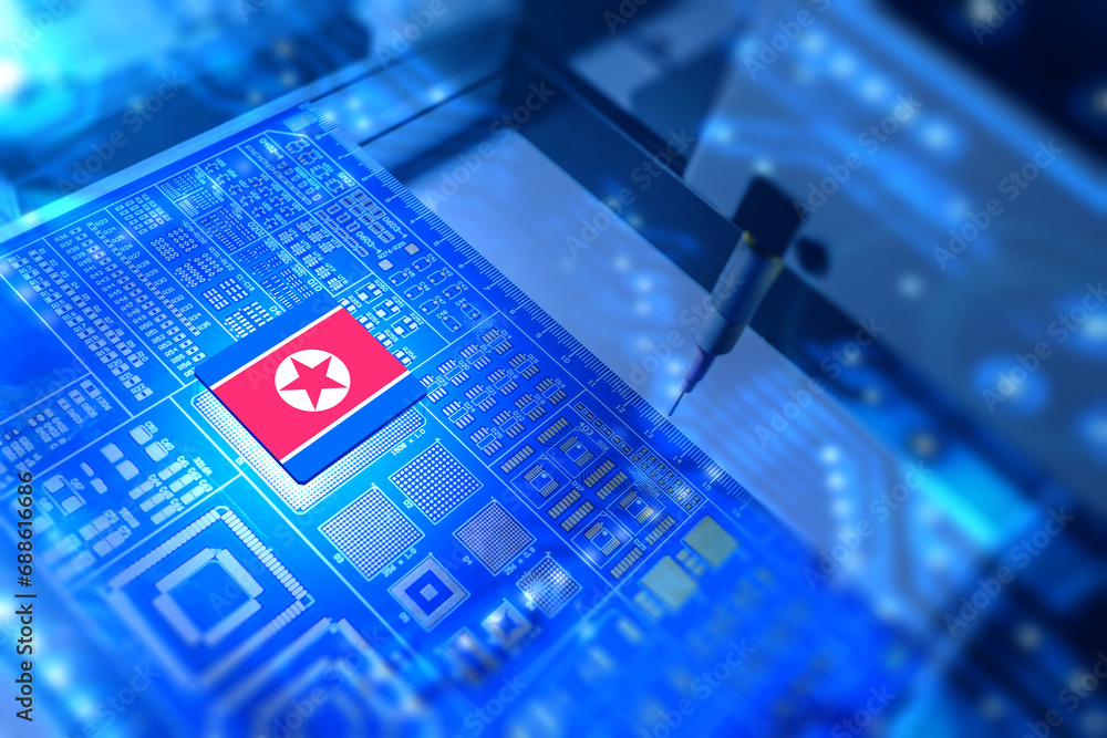 Poster micro board with north korea flag. microelectronics production. machine for making microchips. micro