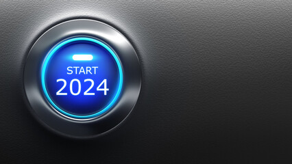 Start 2024. Round button to start new year. 2024 business background. Start button with led back-light. Beginning of 2024. Concept of new stage for business. Christmas, Xmas. 3d image