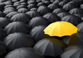 Background with umbrellas. Individuality concept. Yellow umbrella stands out among black ones. Metaphor for unique offer. Stylish background with umbrellas. Individuality to stand out. 3d image - obrazy, fototapety, plakaty