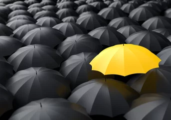 Fotobehang Background with umbrellas. Individuality concept. Yellow umbrella stands out among black ones. Metaphor for unique offer. Stylish background with umbrellas. Individuality to stand out. 3d image © Grispb
