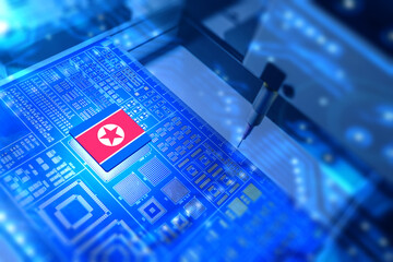 Micro board with North Korea flag. Microelectronics production. Machine for making microchips....