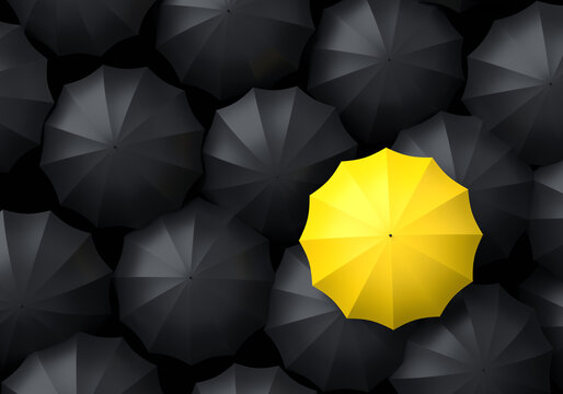 Background with umbrellas. Metaphor of individuality. Yellow umbrella stands out among crowd. Concept of uniqueness in business and life. Backdrop with umbrellas. Desire for individuality. 3d image