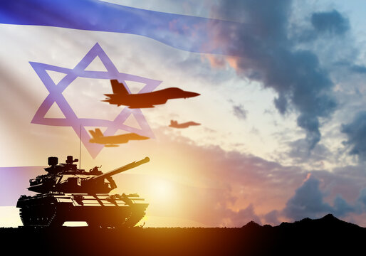 Israel armed forces. Tank and planes at sunset. Military equipment made in Israel. Tank silhouette. Aircraft of Israel armed forces. Military equipment for battles and war. 3d image
