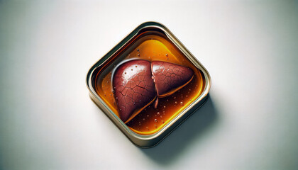 Canned liver organ in vegetable oil, white background - obrazy, fototapety, plakaty