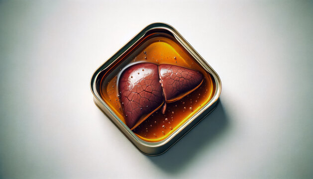 Canned liver organ in vegetable oil, white background