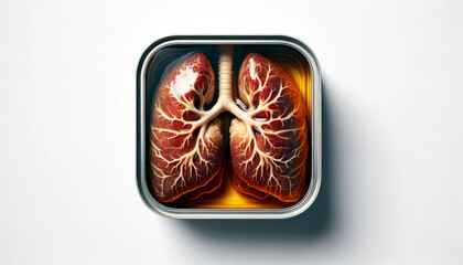 pair of lungs in a tin can filled with vegetable oil
