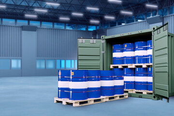 Barrels in sea container. Hangar with fuel. Blue barrels fuel on wooden pallets. Cargo container...