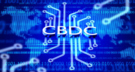CBDC logo. Central bank digital currency. CBDC technology. Development blockchain money. National digital currency. CBDC word on blue background. Digitalization of economy. Crypto currency. 3d image