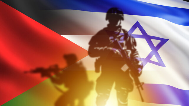 Soldier from Israel and Palestine. Silhouettes of warriors near national flags. Concept of hamas versus tsahal. Israel soldier with rifle. Army of Palestine. War in gaza sector. 3d image