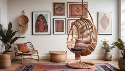 A modern boho office space featuring a hanging rattan chair, a vintage Persian rug, and an eclectic gallery wall showcasing vibrant artwork and framed photo ai generation