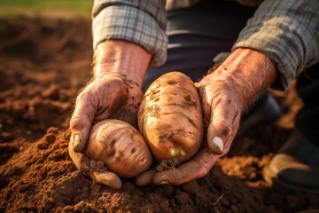 Close-up of a hands gently lifting a potato from the soil, capturing the moment of harvest and the earthy texture of the potatoes