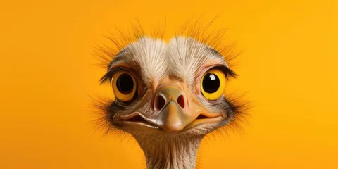 Zelfklevend Fotobehang Frontal view of an ostrich with fluffy white feathers, large round yellow eyes, and a humorous expression against a bright orange backdrop. © Sascha