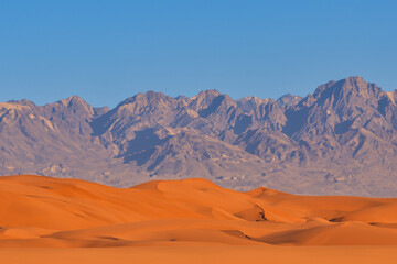Fototapeta na wymiar desert. large desert with orange sand, blue sky and mountains in the background. climate concept