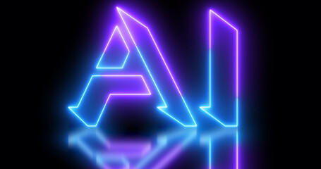 Neon-colored AI(Artificial Intelligence) word text illustration with a glowing neon-colored outline on a dark background in high resolution. Easy to use.