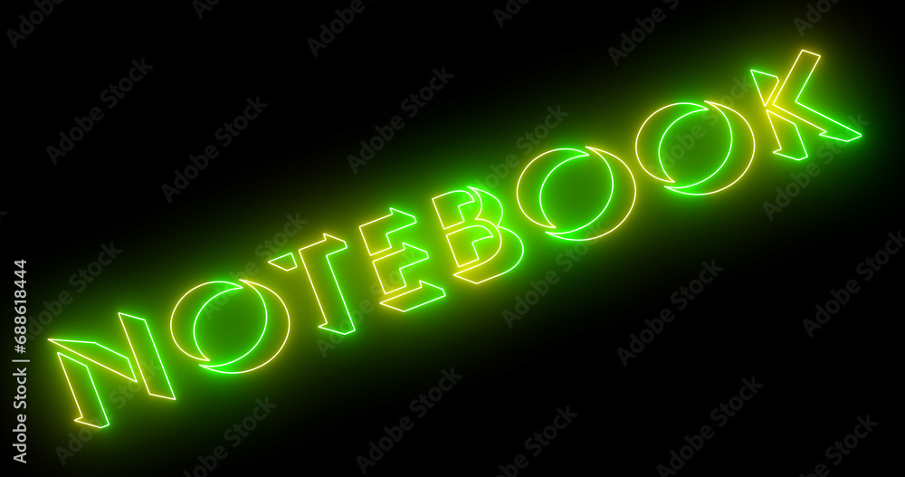 Fototapete Neon-colored notebook word text illustration with a glowing neon-colored outline on a dark background in high resolution. Technology video material illustration. Easy to use.