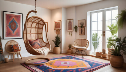 A modern boho office space featuring a hanging rattan chair, a vintage Persian rug, and an eclectic gallery wall showcasing vibrant artwork and framed photo ai generation
