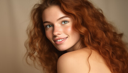 Naklejka premium Graceful redhead, the epitome of beauty, flaunts a unique hairstyle, captivating smile, and an alluring gaze, embodying individual care