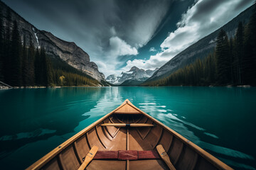 Canoe on the lake with mountain view beautiful, calm - obrazy, fototapety, plakaty