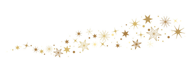 Scattered various stars and confetti isolated on a transparent background. Vector wave of yellow elements for holiday background decoration