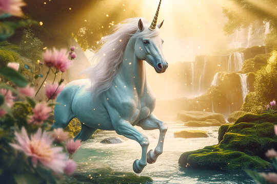 Unicorn fantasy realistic photography, waterfall forest fairy tail scenic, soft focus.
