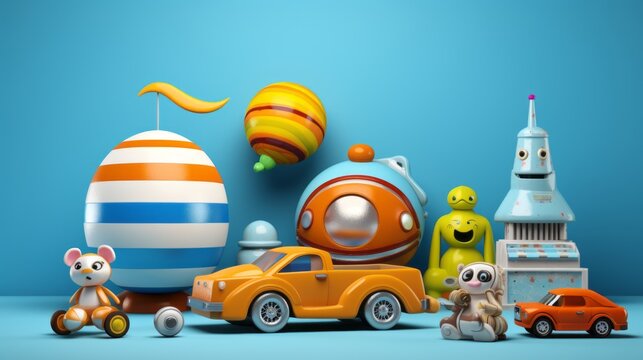 colorful 3d render of playful kids' toys on vibrant blue background – childhood fun and imagination concept