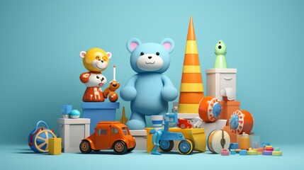 colorful 3d render of playful kids' toys on vibrant blue background – childhood fun and imagination concept - obrazy, fototapety, plakaty