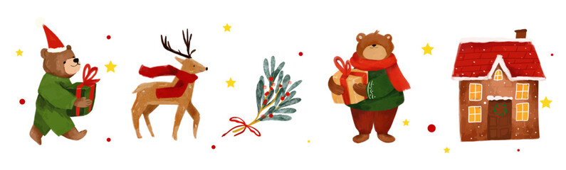 Set of Watercolor Merry Christmas illustrations. Cute clip art elements, festive new year collection. Vector illustrations, ready to print. Perfect for invitation, card, banner, decorations