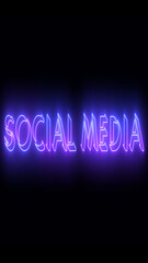 Neon-colored Social Media word text illustration with a glowing neon-colored moving outline on a dark background in vertical high resolution. Technology video material illustration. Easy to use.