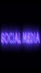 Neon-colored Social Media word text illustration with a glowing neon-colored moving outline on a dark background in vertical high resolution. Technology video material illustration. Easy to use.