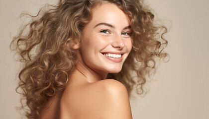 A mesmerizing portrayal of a woman's beauty unfolds in this image, where the focus is on flawless skin, a radiant smile, and a carefully styled curly blonde hairstyle