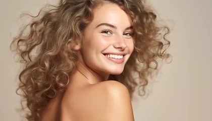 Foto op Aluminium A mesmerizing portrayal of a woman's beauty unfolds in this image, where the focus is on flawless skin, a radiant smile, and a carefully styled curly blonde hairstyle © Alienmonster Images