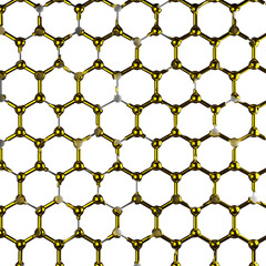 nanomaterial, mesh, molecular hexagonal structure, honeycomb connection of molecules in gold liquid, abstract hi-tech design