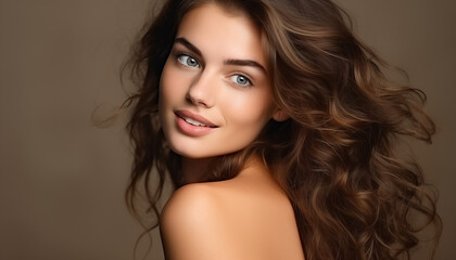 Naklejka premium Curly Hair Delight: Embrace the beauty of natural curls in this vibrant image, featuring a young woman with curly hair, beaming with joy and portraying a carefree spirit