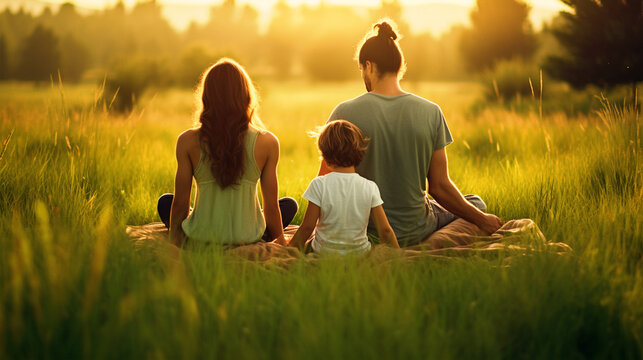 family sitting outdoors doing yoga - ai generative