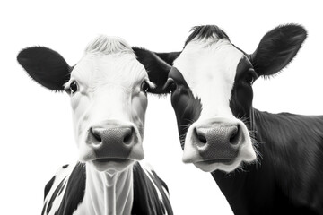 Close-up headshot of two curious, black and white Friesian cows, isolated on a transparent background