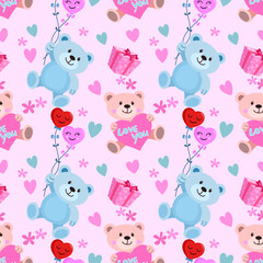 Valentines day concept cute bear with heart shape balloon and gift seamless pattern for fabric textile wallpaper gift wrap paper background.