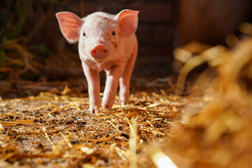 Happy newborn piglet in freedom outside the farm