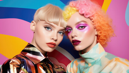 Two models with vibrant eye makeup and bold hair colors against a multicolored background, exuding edgy fashion and artistic flair.
