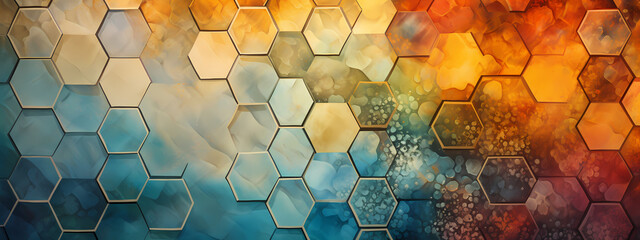 A high-detail abstract background centered around a large central hexagon surrounded by smaller hexagons - obrazy, fototapety, plakaty