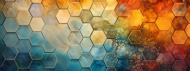 Fotobehang A high-detail abstract background centered around a large central hexagon surrounded by smaller hexagons © Manuel