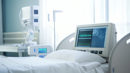 Patient monitor standing near the bed in a hospital