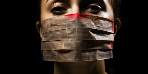 A tape over a mouth or a silenced microphone, representing the suppression of freedom of speech and expression , concept of Censorship - obrazy, fototapety, plakaty