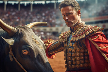 Portrait of a bullfighter with a bull in a Spanish bullfighting arena in a symbolic costume.