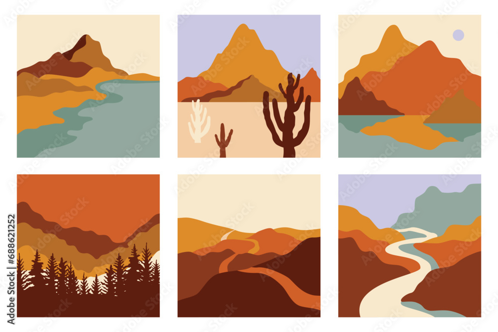 Aufkleber Vector illustration in simple line style - boho abstract print - simple natural landscape with mountains and hills..