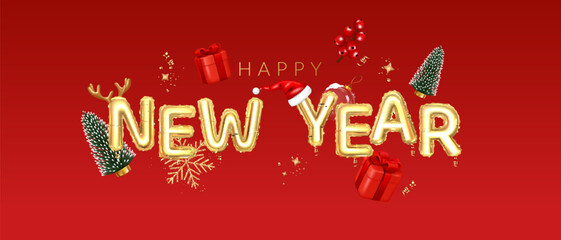 New Year greeting card with Happy New Year text, gifts, snowflake, trees, berries. stars and confetti.