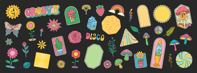 Groovy doodles set. Hippie retro stickers. 70s groovy style. Retro groovy stickers. 60s doodle patch badges. Vintage cartoon characters.
