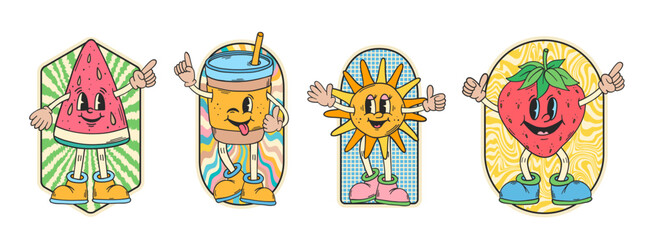 Retro cartoon characters set. Retro stickers collection. Strawberry, sun. Hippie patch badges. Vintage animation art. Groovy doodles. 60s and 70s nostalgia.