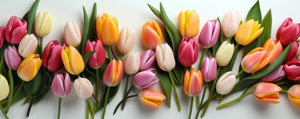 Obraz premium Banner, Tulips on a white background. Christ is risen. Women or mother greeting card or spring sale banner. Valentine's day, birthday celebration concept. Flat lay, top view with copy space
